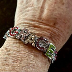 ⭐️Silver Tone Buckle Bracelet Wristband w/Rhinestone Slide Charms - GRACE⭐️